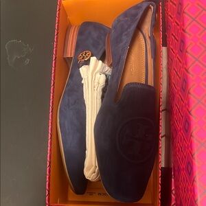 Tory Burch Blue Suede Loafers with Contrasting Sole